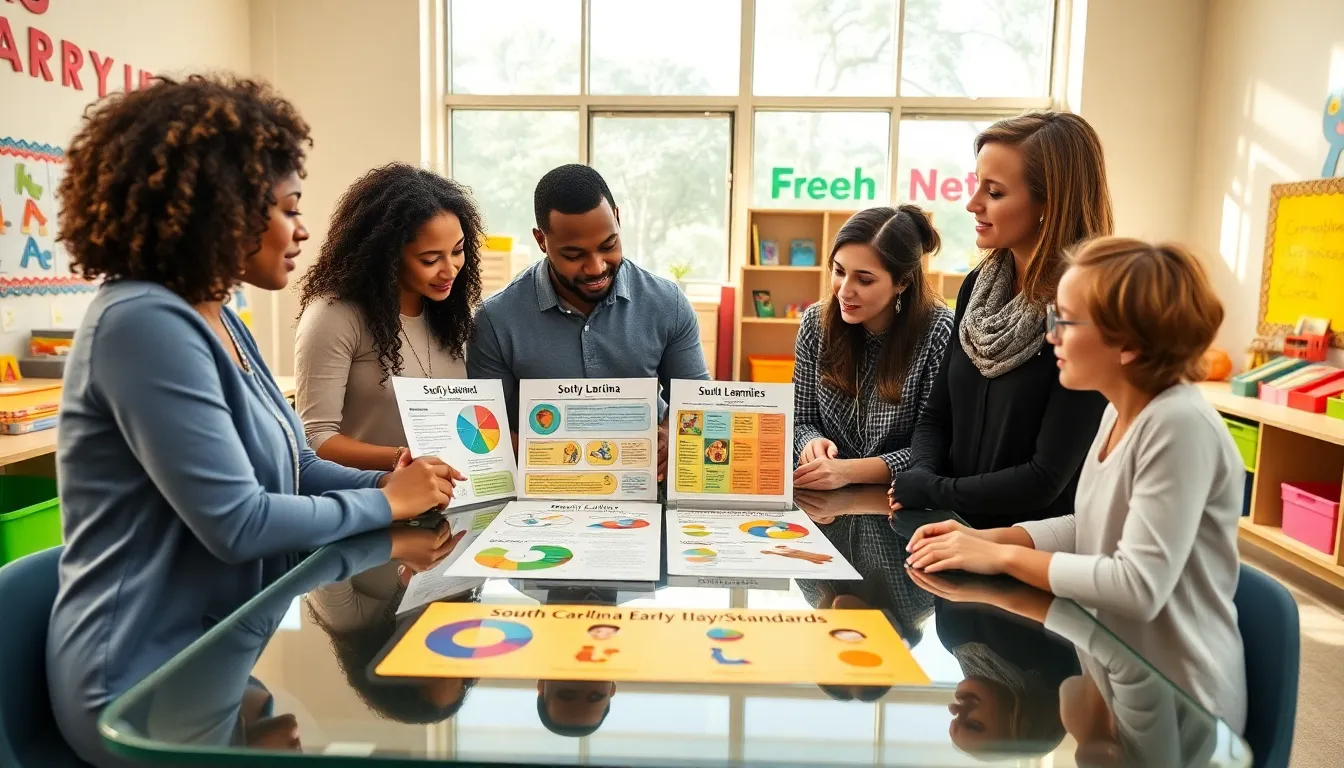 diverse educators discussing early learning standards in a modern classroom.