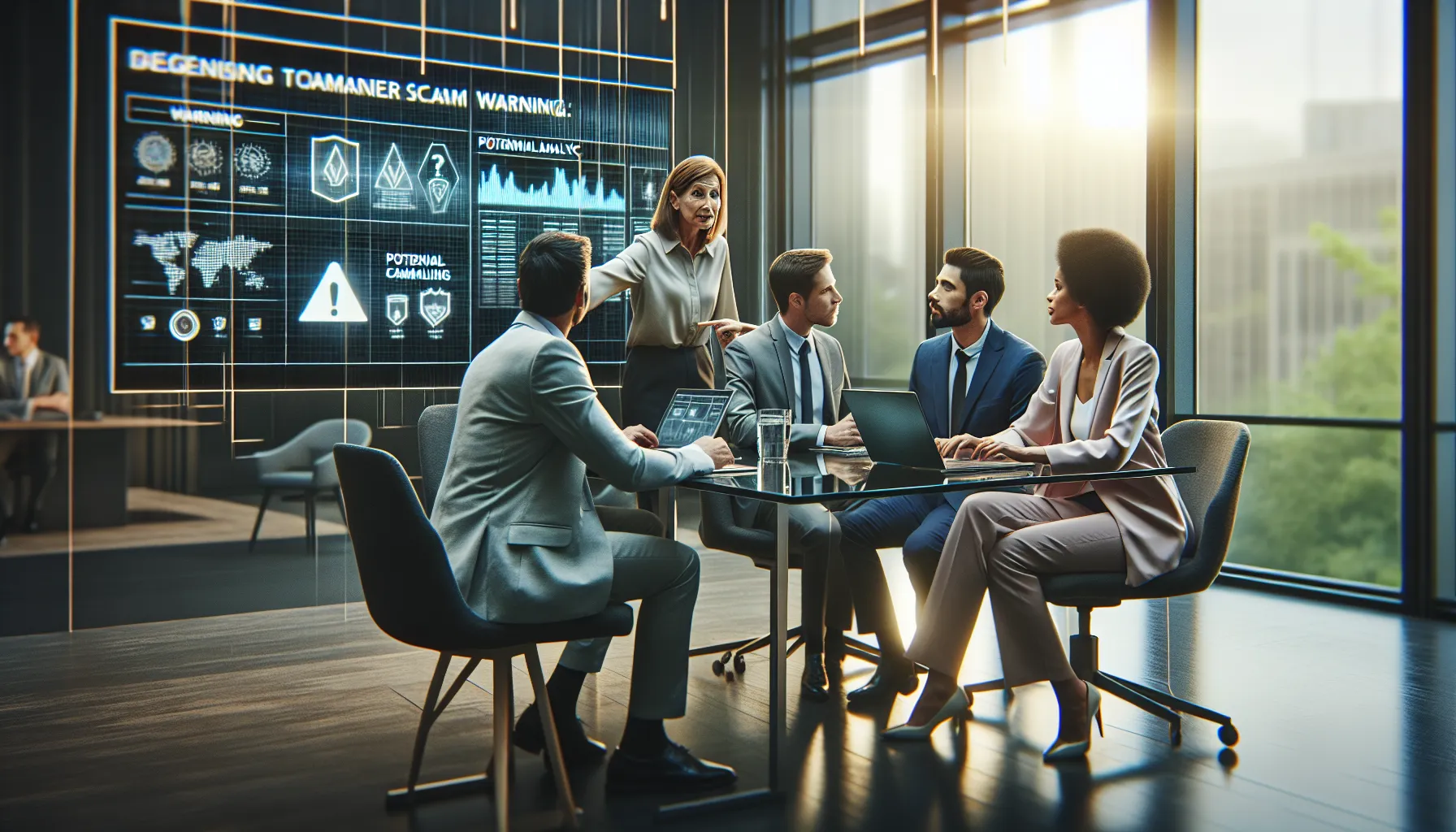professionals discussing risks of scams in a modern office.