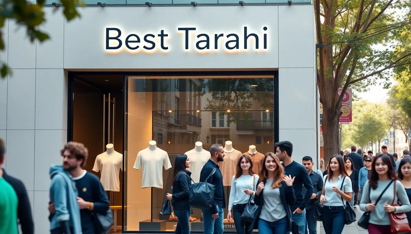 Stylish storefront of Best Tarahi with diverse shoppers browsing T-shirts.