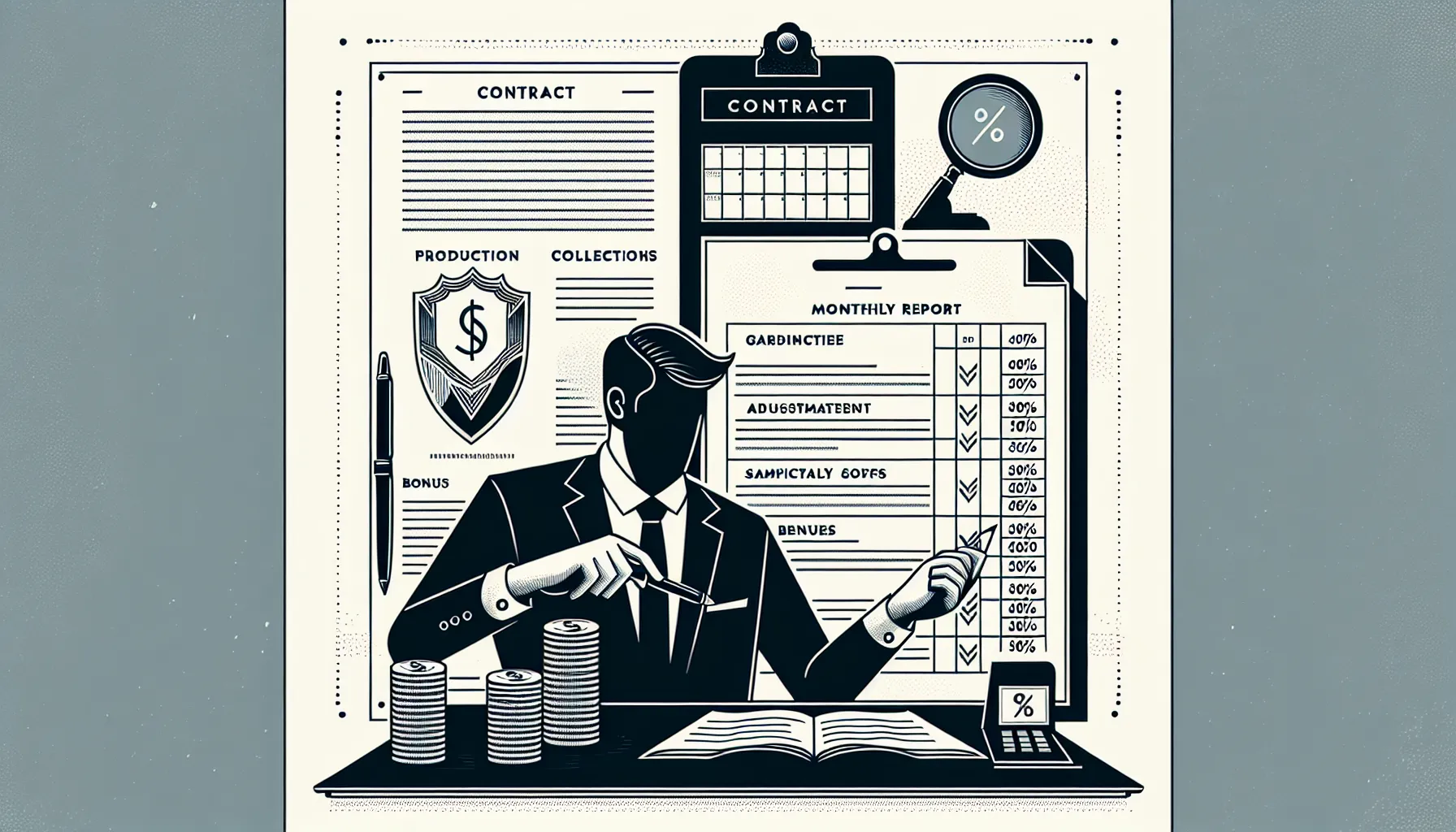 Person reviewing a DSO contract and ledger with icons for guarantees and holdbacks.