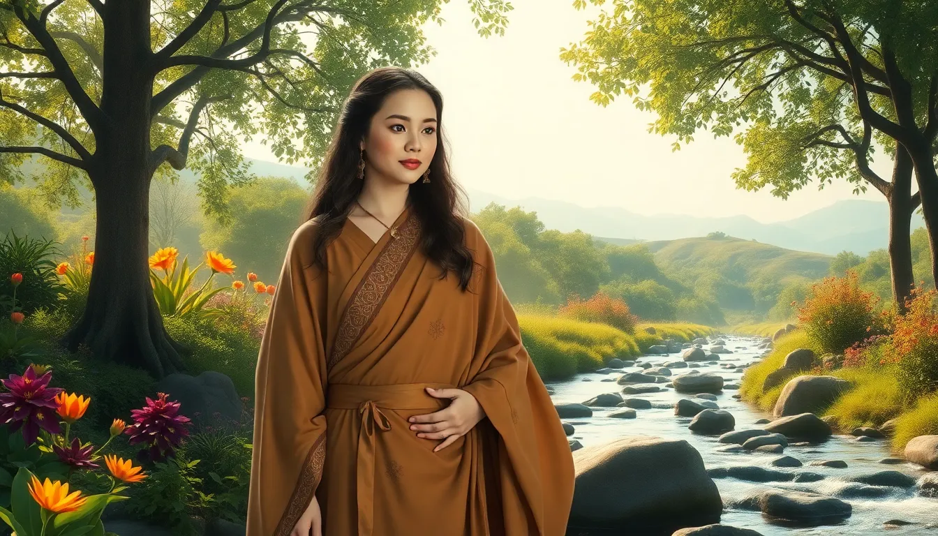 Goddess figure in a lush landscape symbolizing nature and abundance.