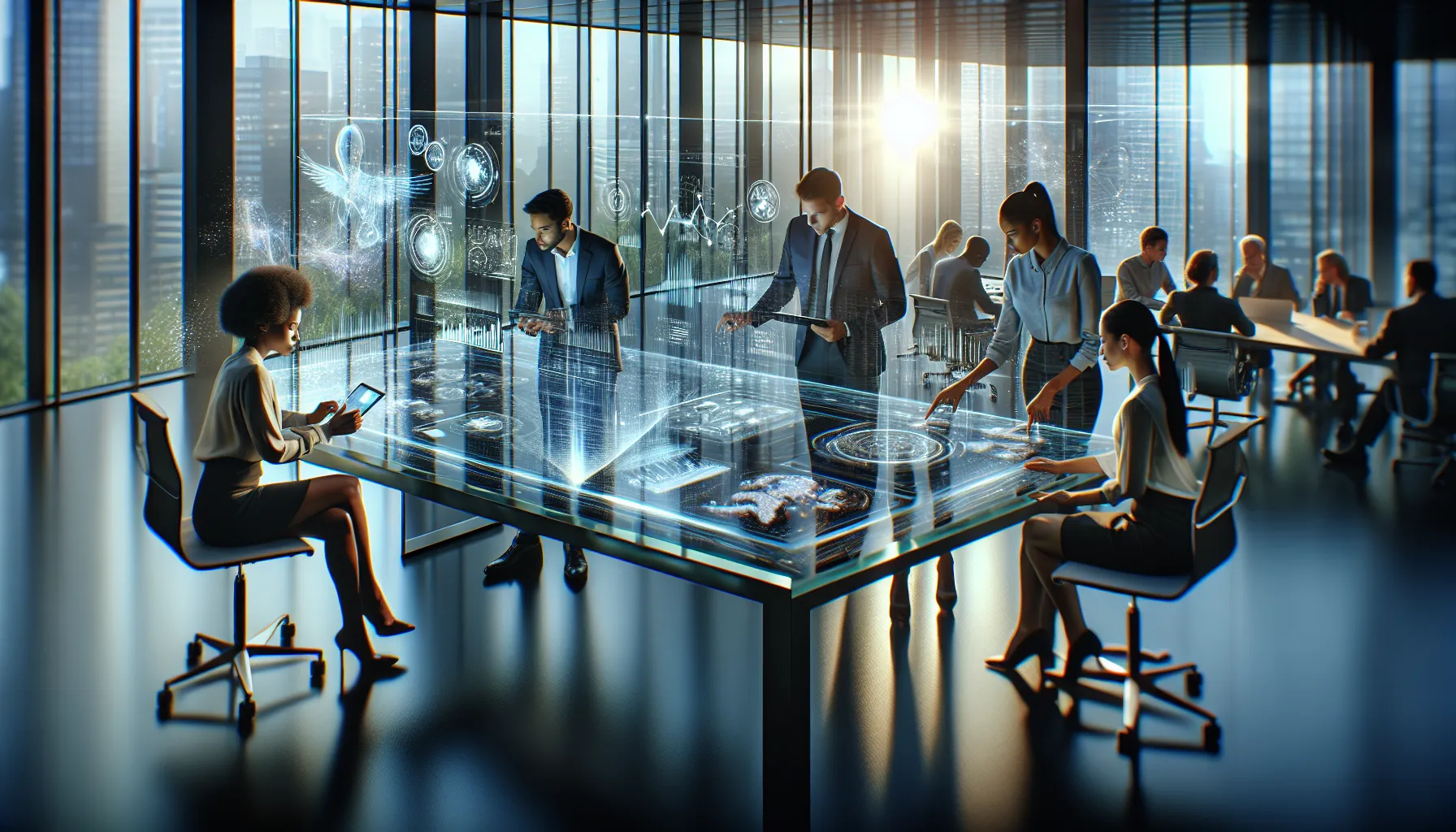 diverse professionals collaborating on data analysis in a modern office.