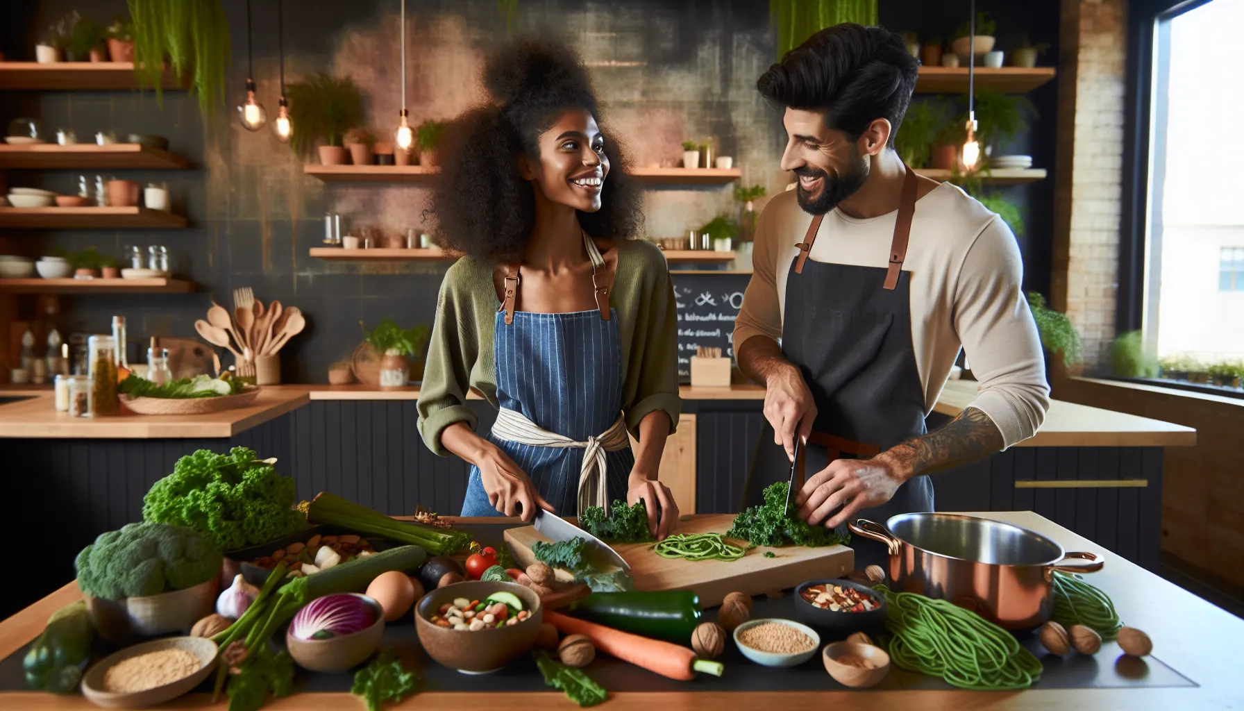 diverse group cooking plant-based dishes in a modern kitchen.