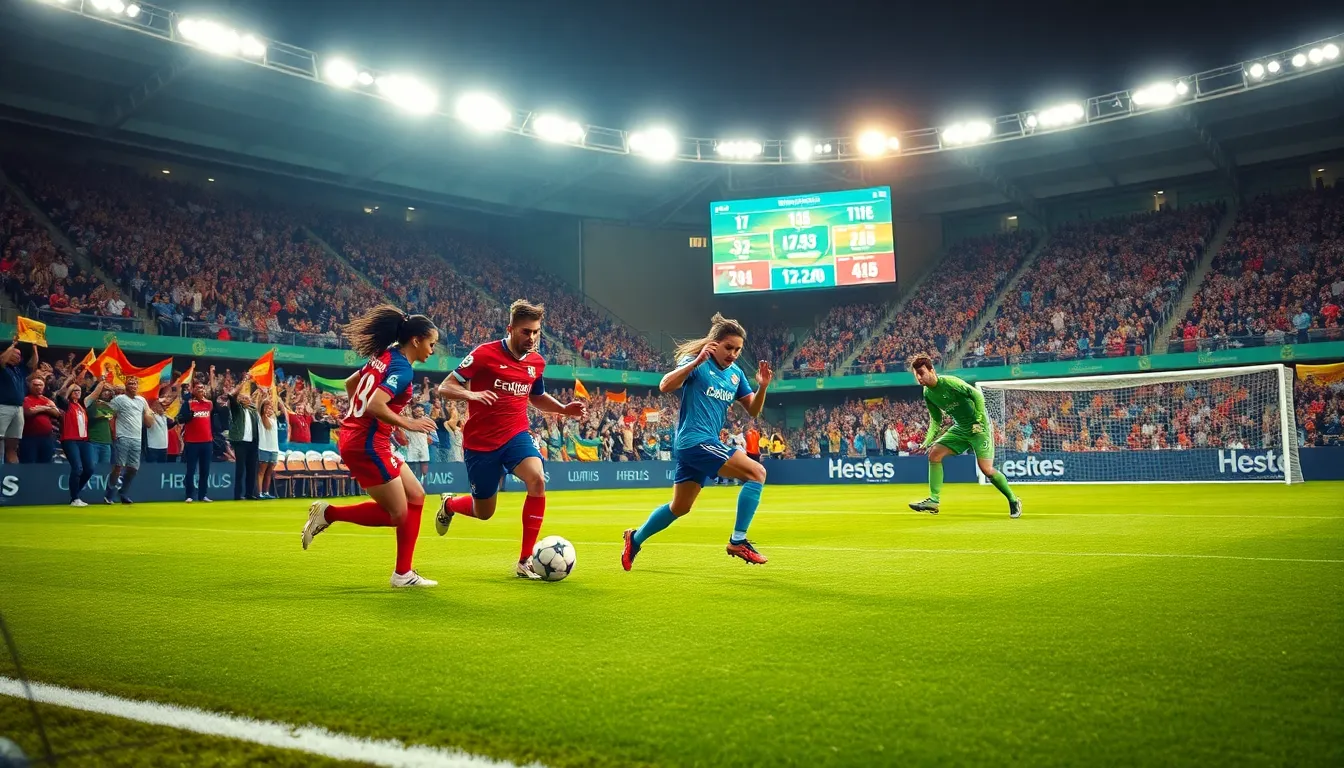 football players in action with fans and digital displays in a stadium.