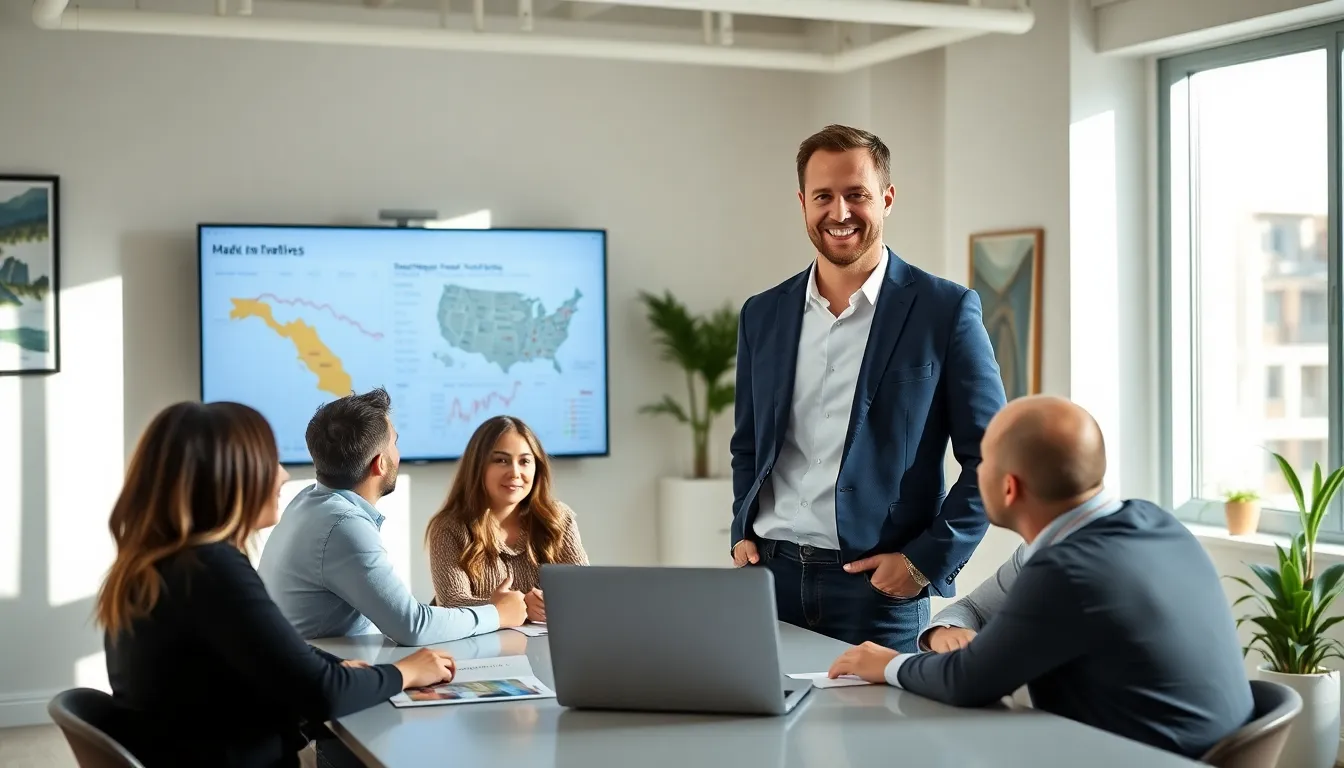 Timothy engaging with clients in a modern real estate office.