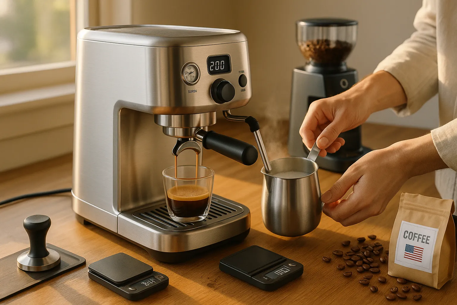 Compact entry-level espresso machine on a sunny kitchen counter steaming milk.