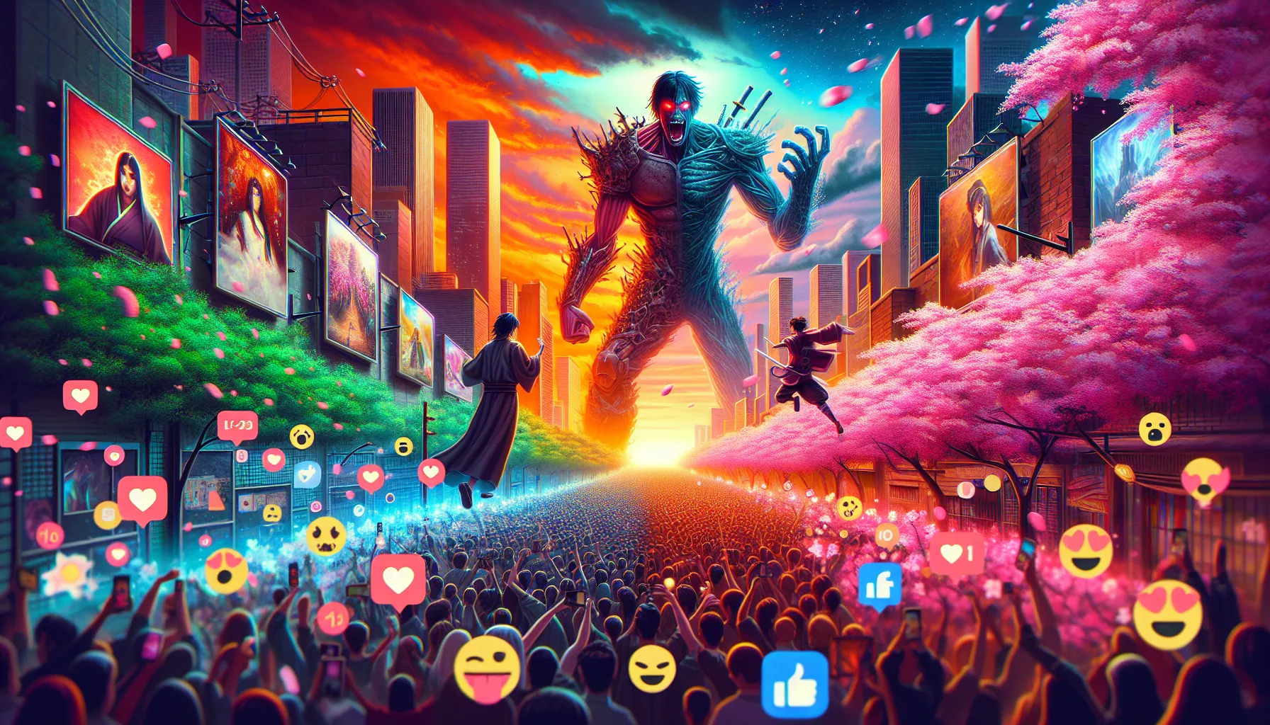 a split-screen showing social media buzz for Attack on Titan and Demon Slayer.