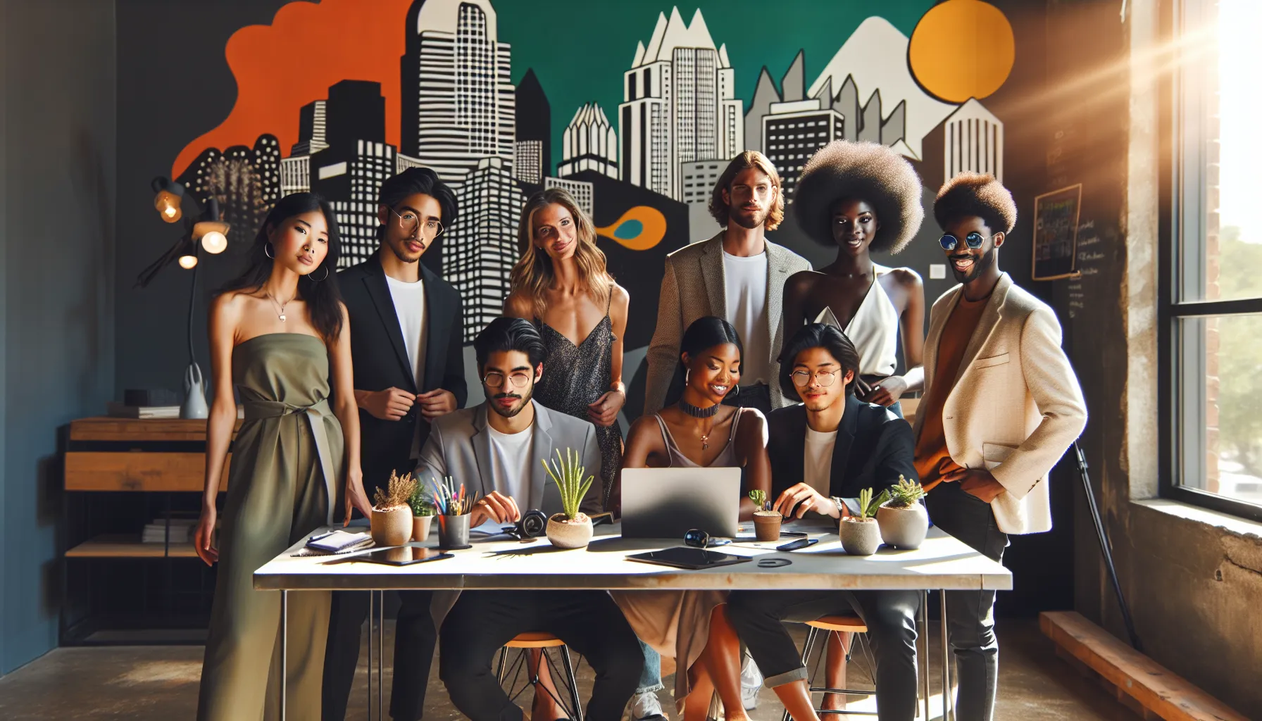 diverse team around a sustainable fashion workspace in Austin.