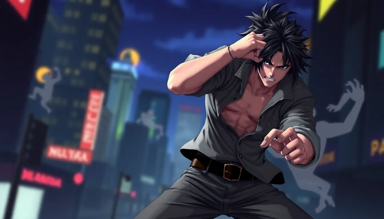 Zappa from Guilty Gear posing in an urban landscape with ghostly spirits.