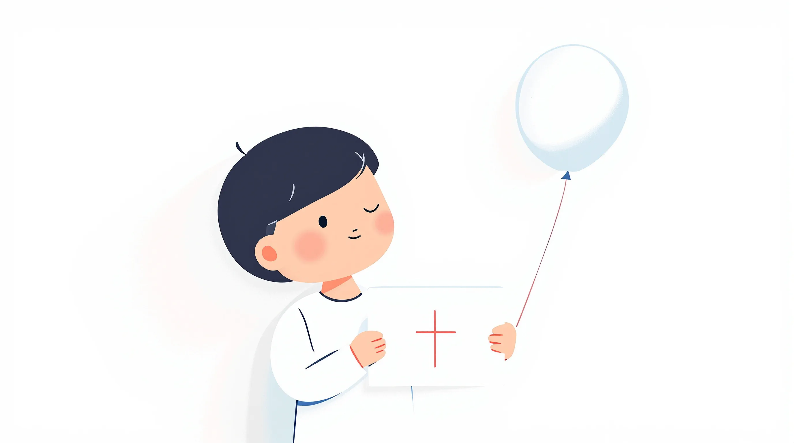 Child holding a birthday card with a cross symbol on white background.