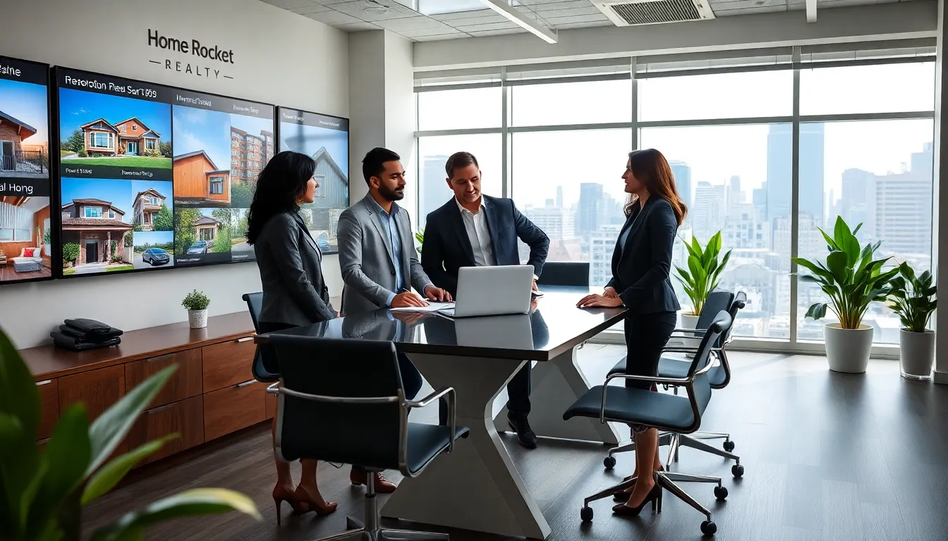 real estate professionals collaborating in a modern office setting.