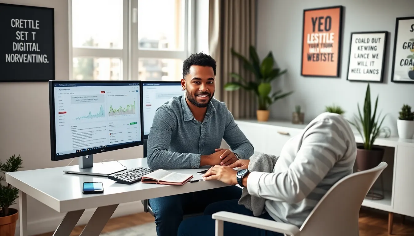 SEO expert freelancer optimizing a website in a modern home office.