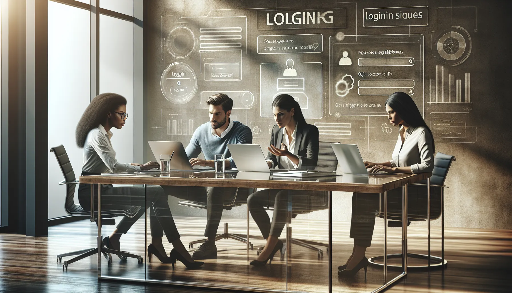 diverse team troubleshooting login issues in a modern office.