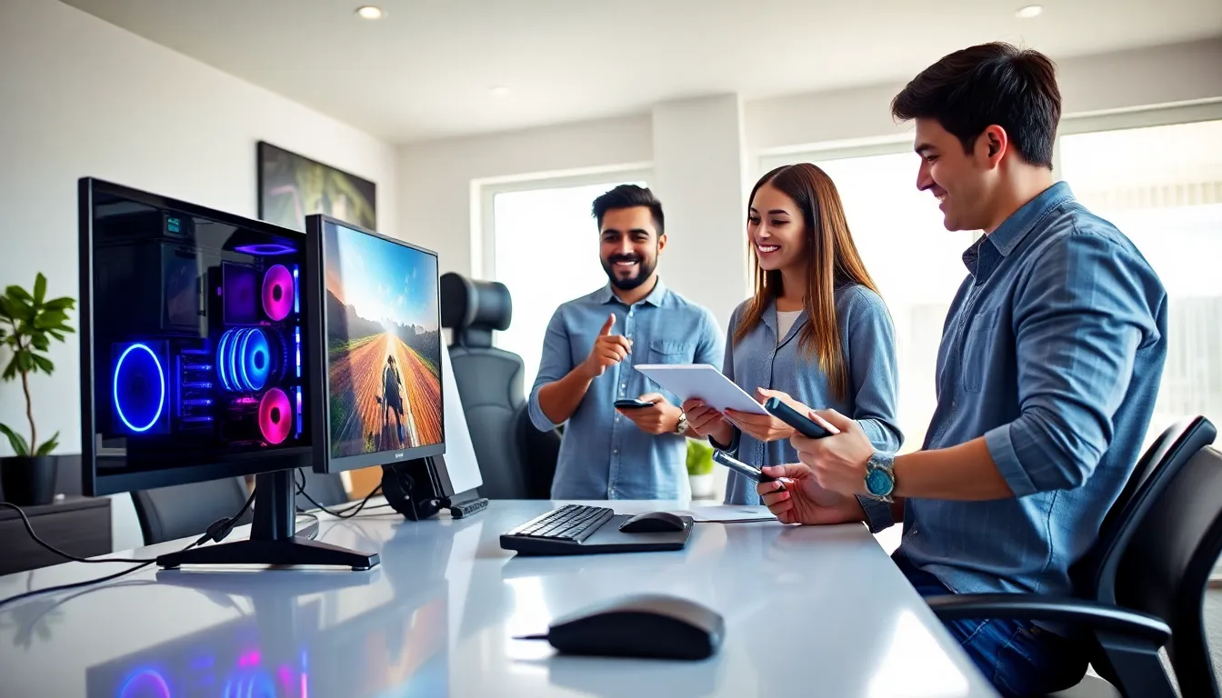 diverse group discussing a high-end gaming PC in a modern office.
