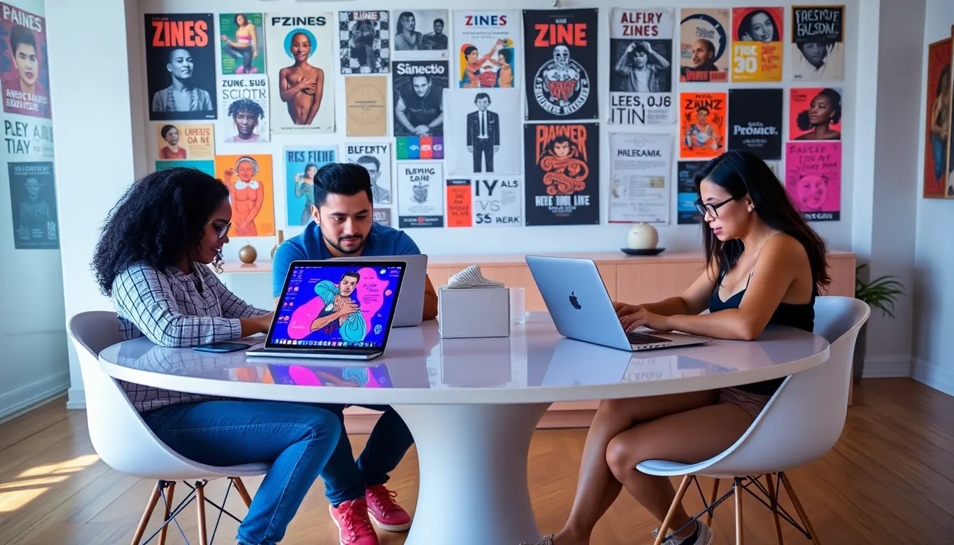 diverse group collaborating on digital zines in a creative workspace.