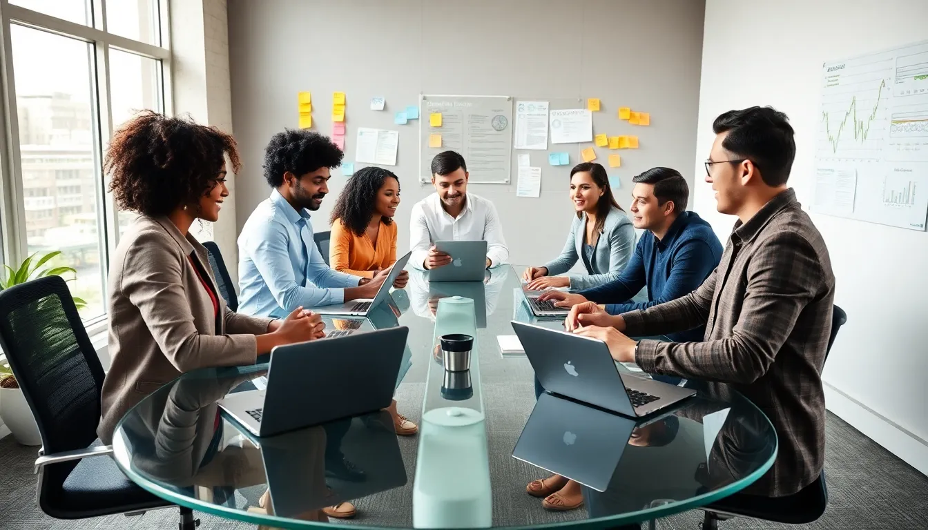 diverse team collaborating in a modern workspace.