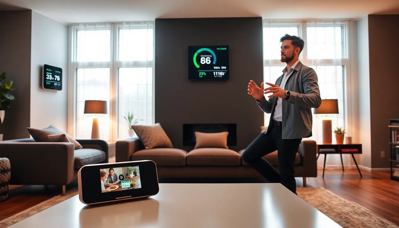 modern living room with smart home gadgets and a person interacting with technology.