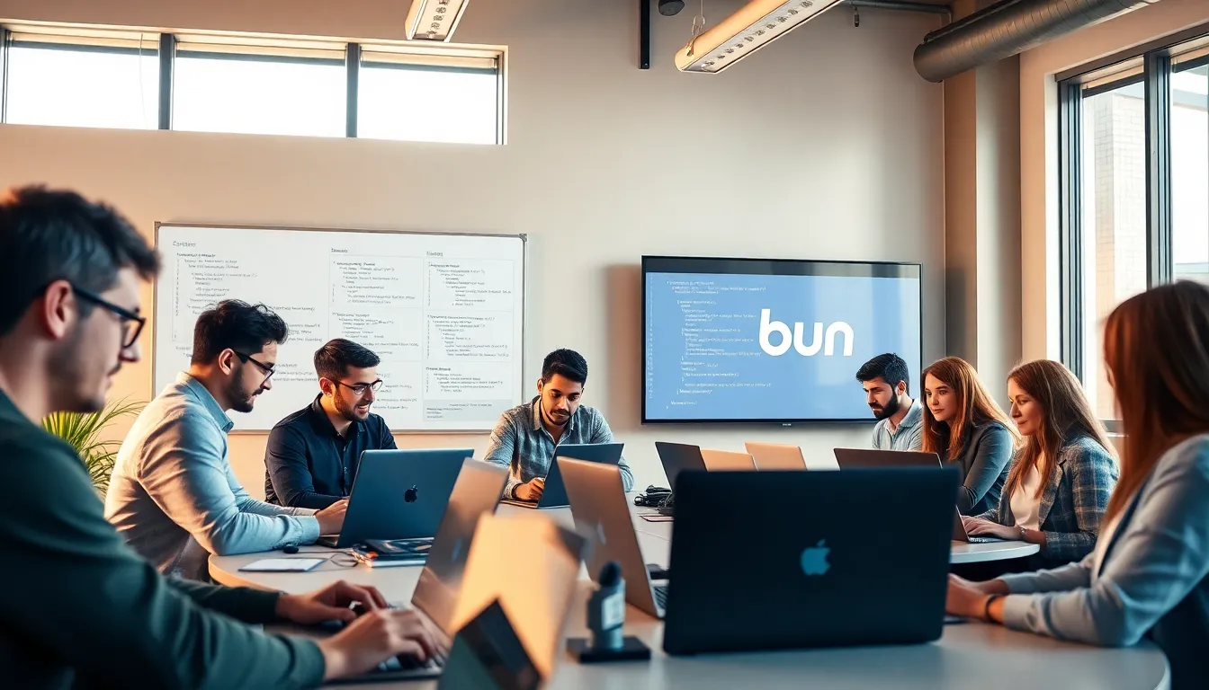 diverse developers collaborating in a modern tech workspace.