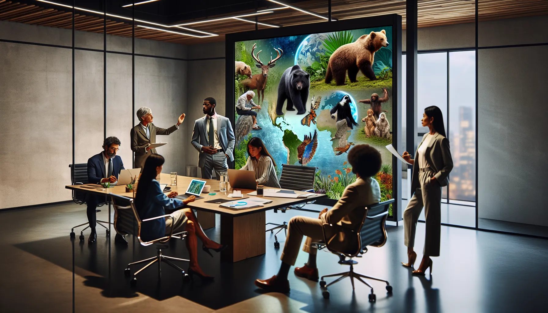 diverse group discussing conservation in a modern conference room.