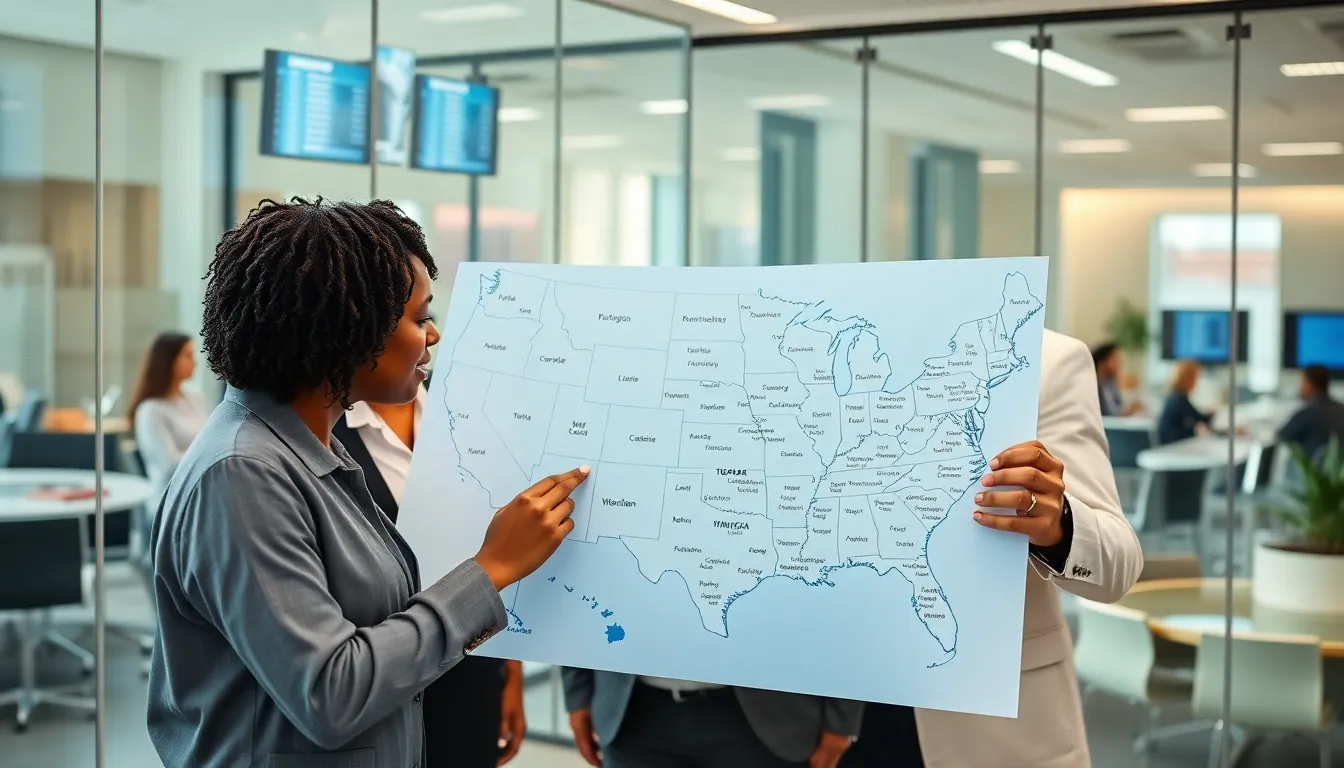 professionals discussing area codes in a modern office environment.