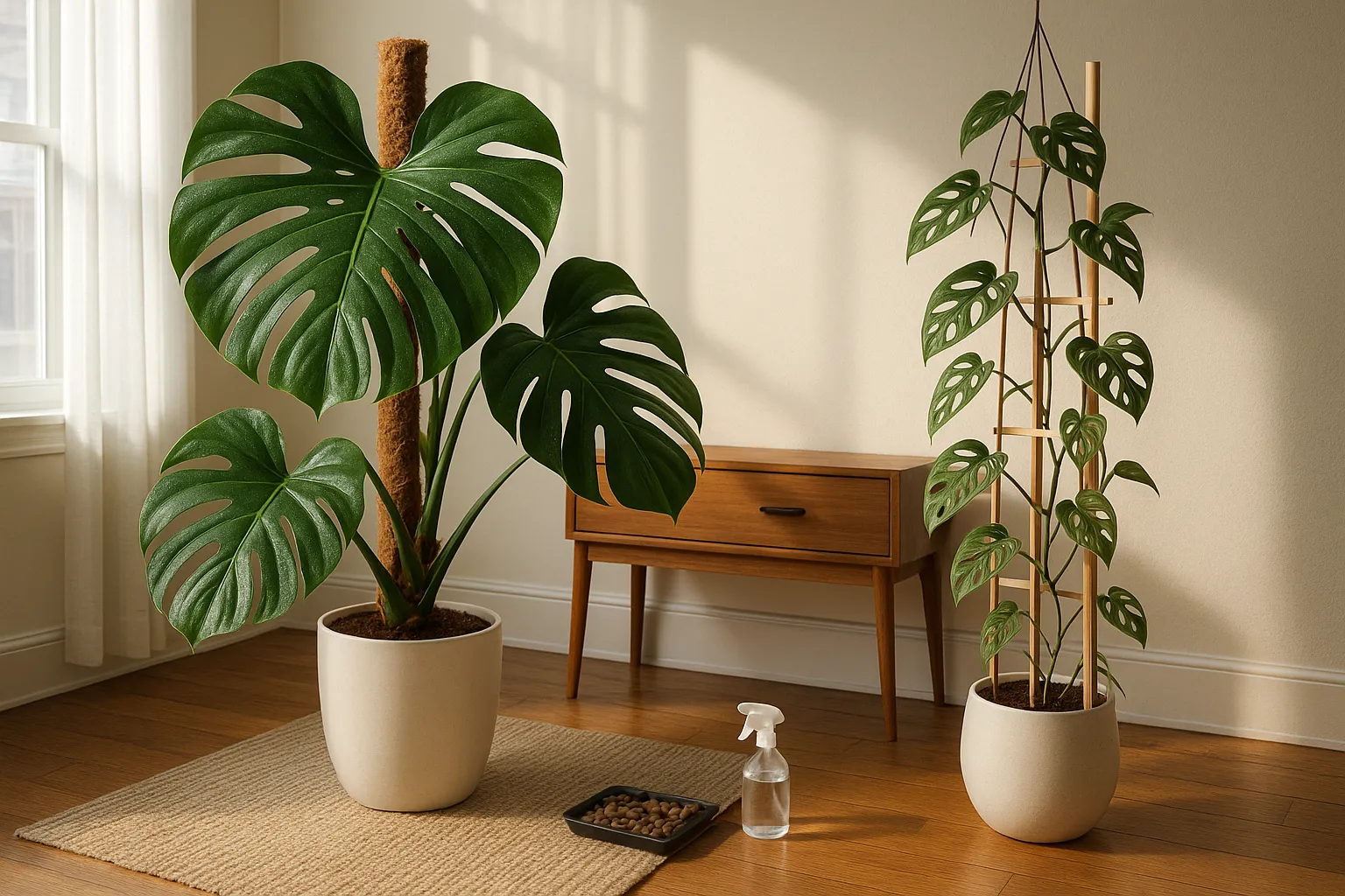 Side-by-side Monstera deliciosa canopy and vining Monstera adansonii indoors.