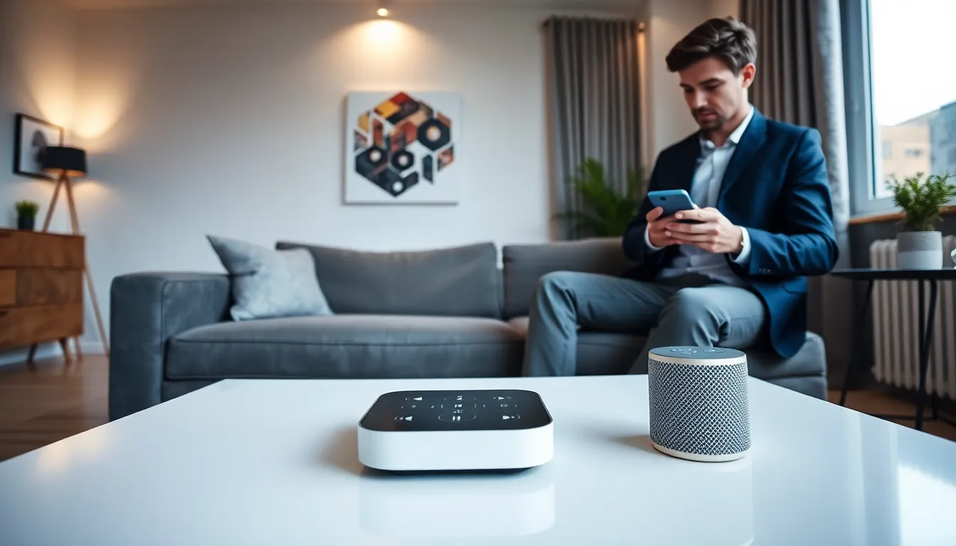 modern apartment with smart home devices and a user controlling them.