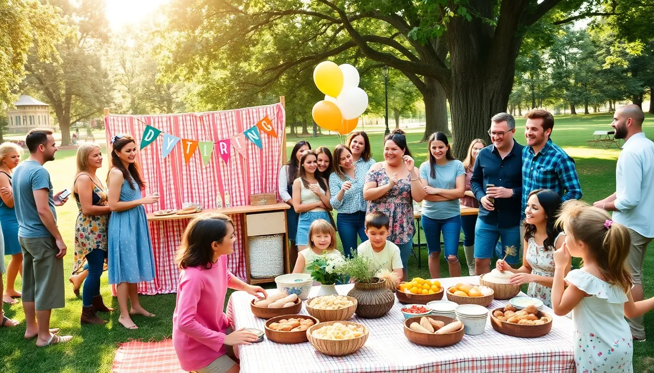 outdoor gathering with diverse people enjoying potluck and DIY decorations.