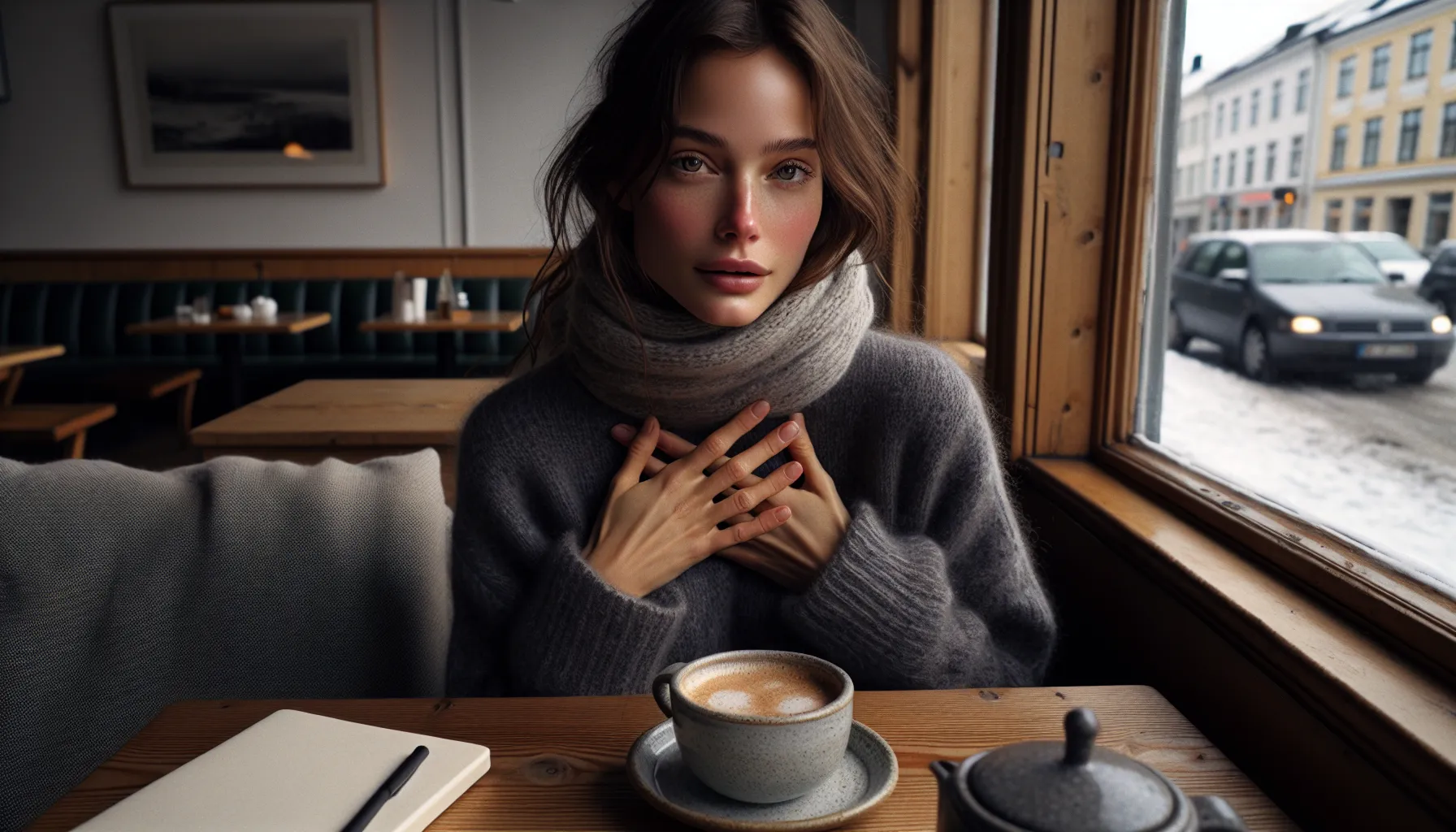 Woman in oslo café practicing calm presence during a winter conversation.