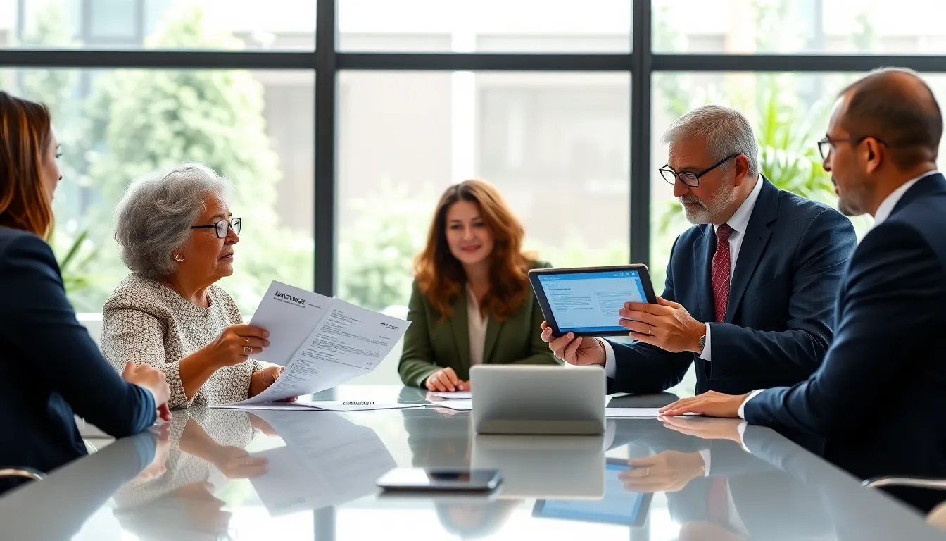 diverse team discussing AARP insurance options in a modern office.