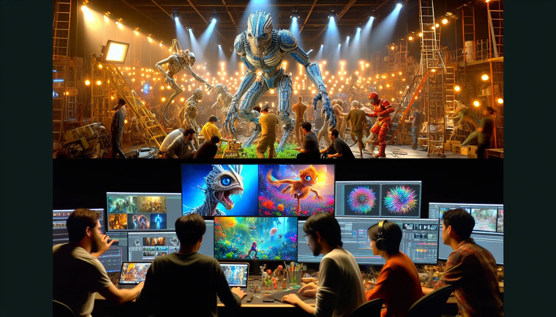 A movie set showcasing practical effects and CGI creation in action.