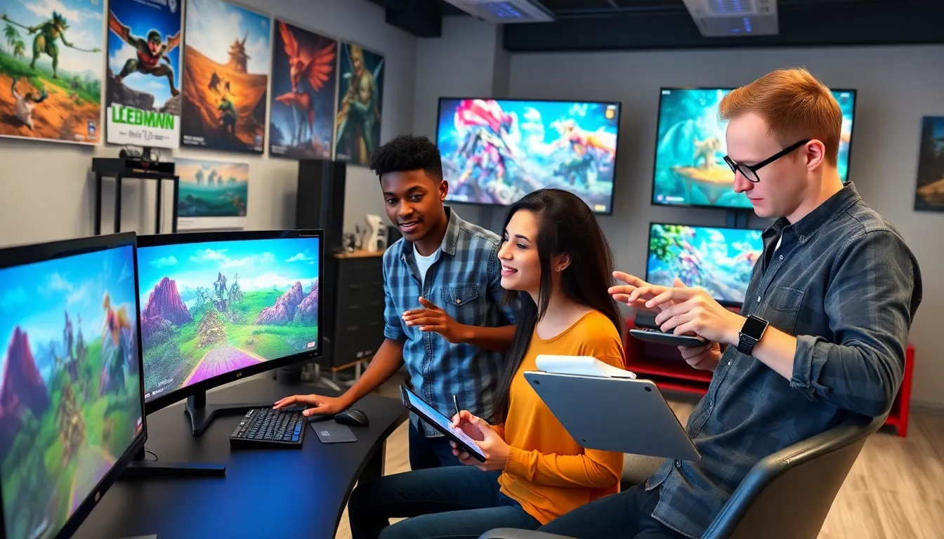 three young adults collaborating in a vibrant gaming studio.