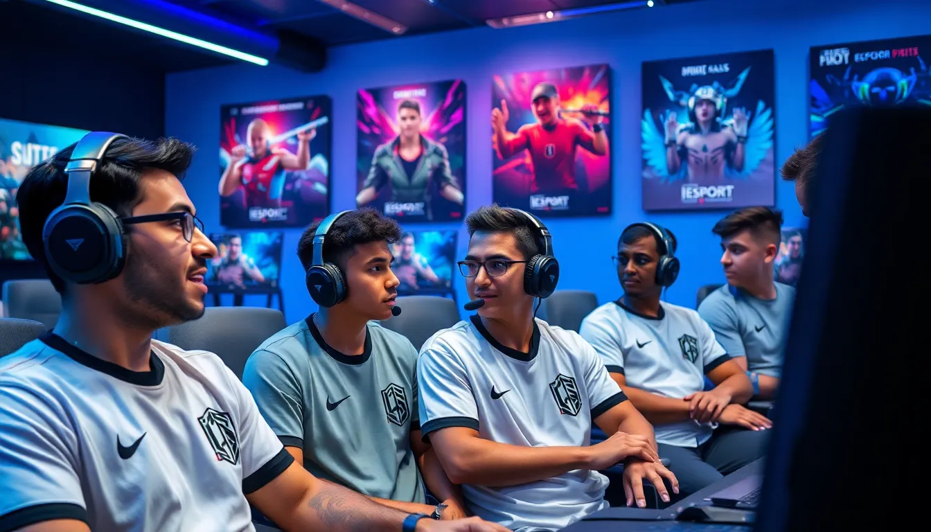 diverse esports team practicing in a modern gaming room.