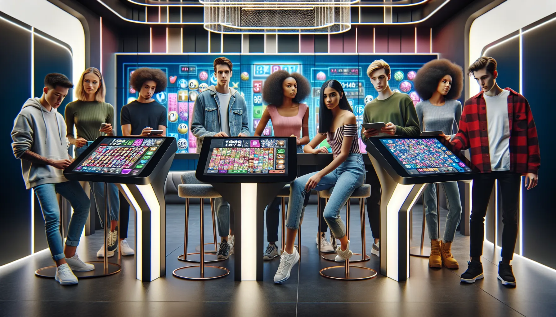 diverse group enjoying an interactive lottery game in a modern setting.