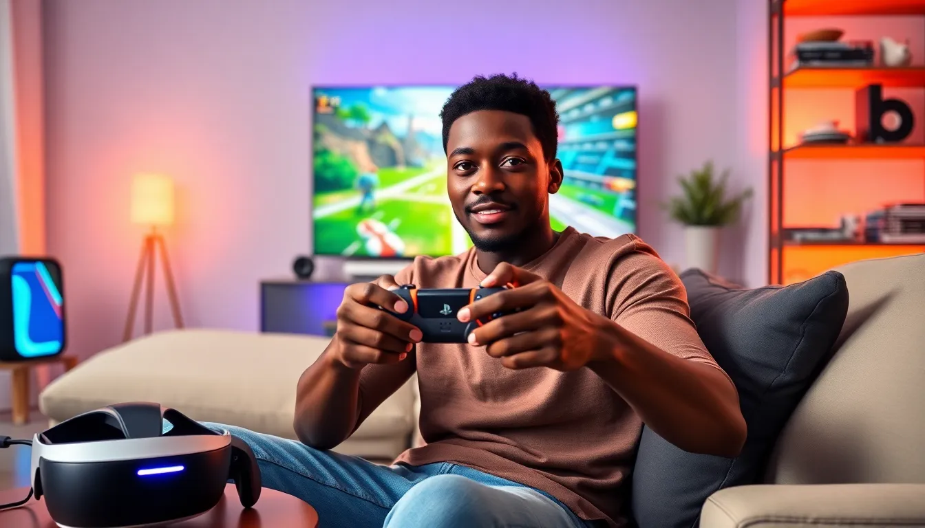 a young gamer using a PlayStation 5 controller in a stylish living room.