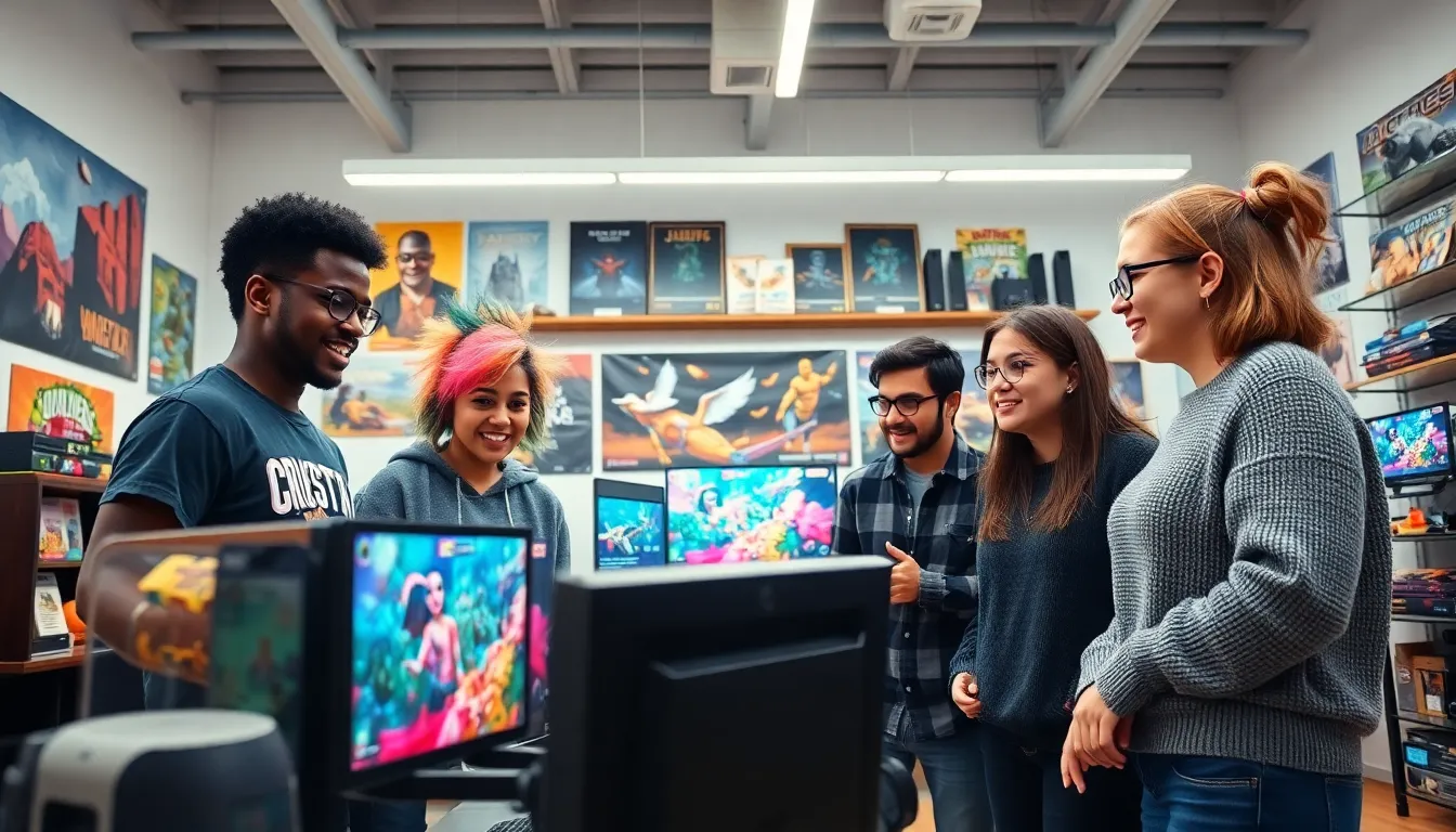 a diverse group of game developers collaborating in a vibrant studio.