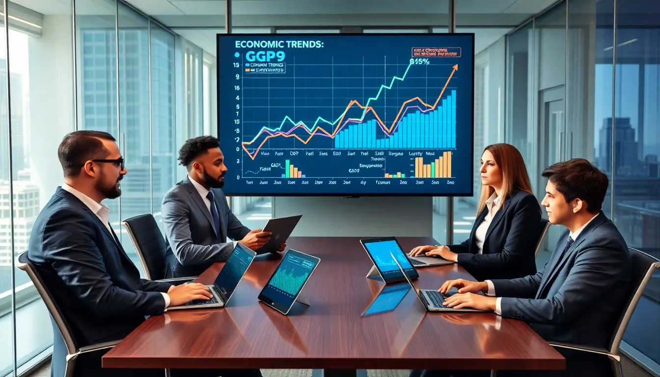 business team discussing economic trends in a modern office.