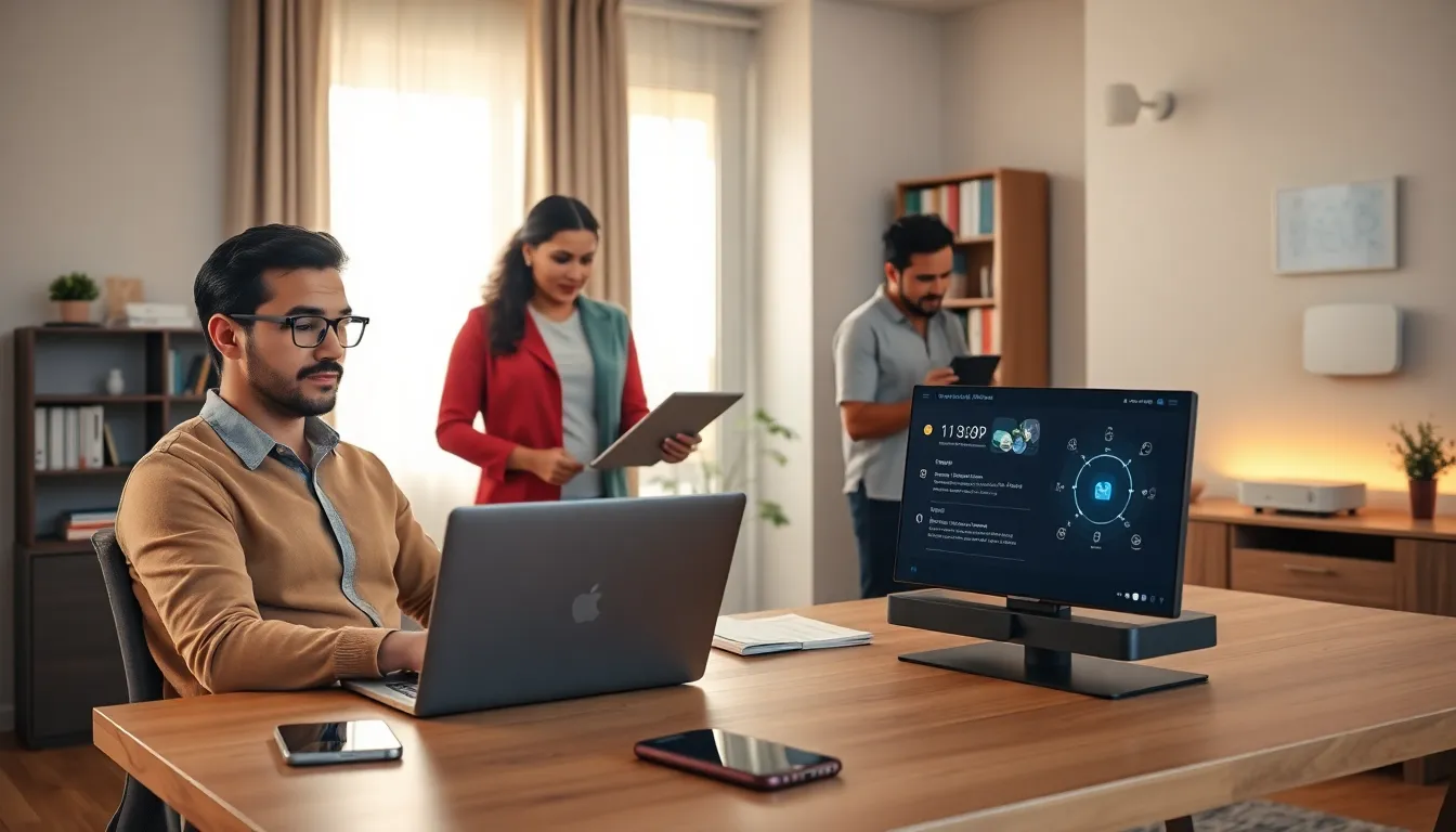 family using various devices to highlight home networking.