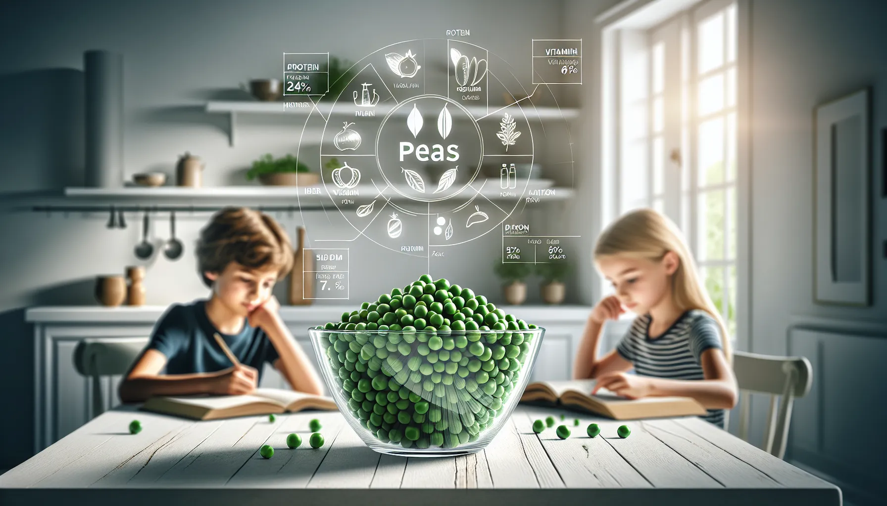 Fresh green peas and nutrient icons in a modern kitchen