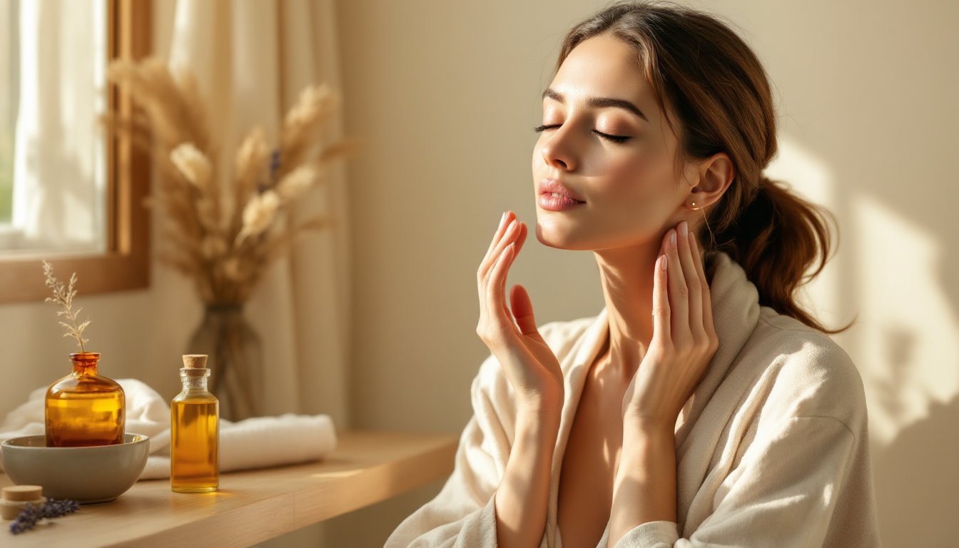 A woman gently massaging her jaw with warm sesame oil in soft natural light.