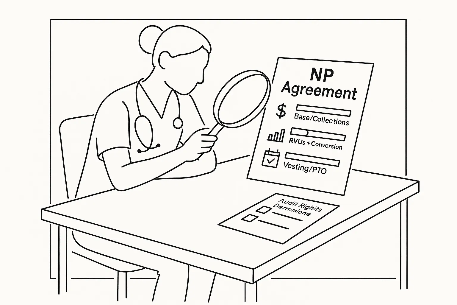 Nurse practitioner examining a contract with magnifying glass and compensation icons.