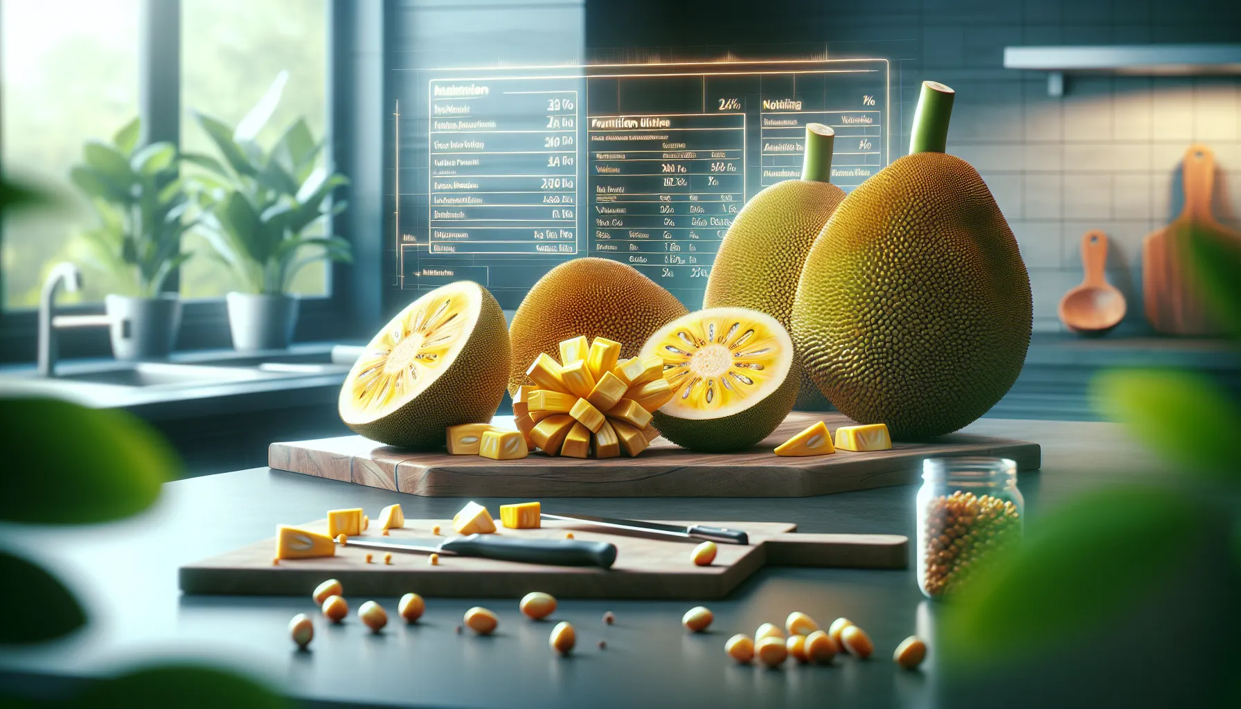 Fresh jackfruit on a kitchen countertop with a knife and cutting board.