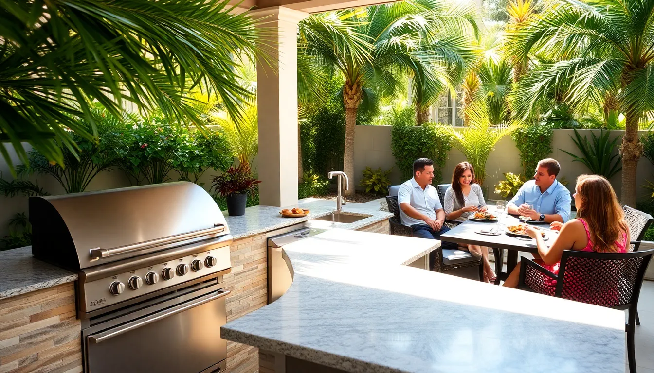 modern outdoor kitchen in a sunny Florida backyard.
