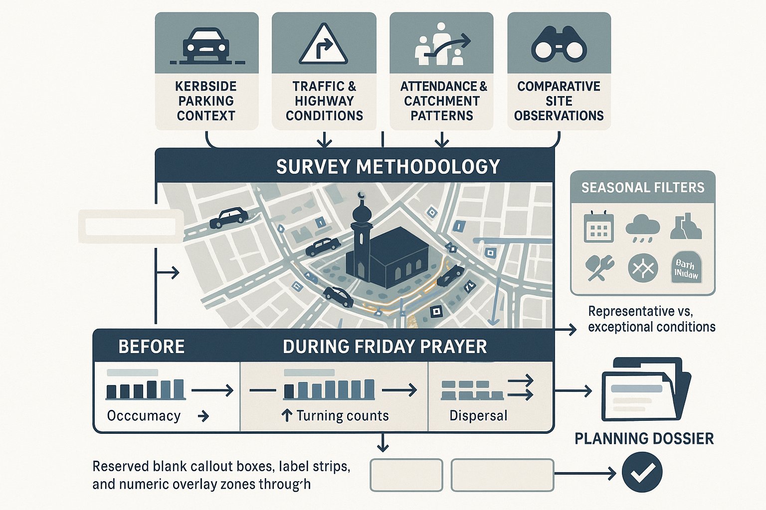 Infographic of Friday mosque parking surveys, traffic counts, and planning evidence steps.