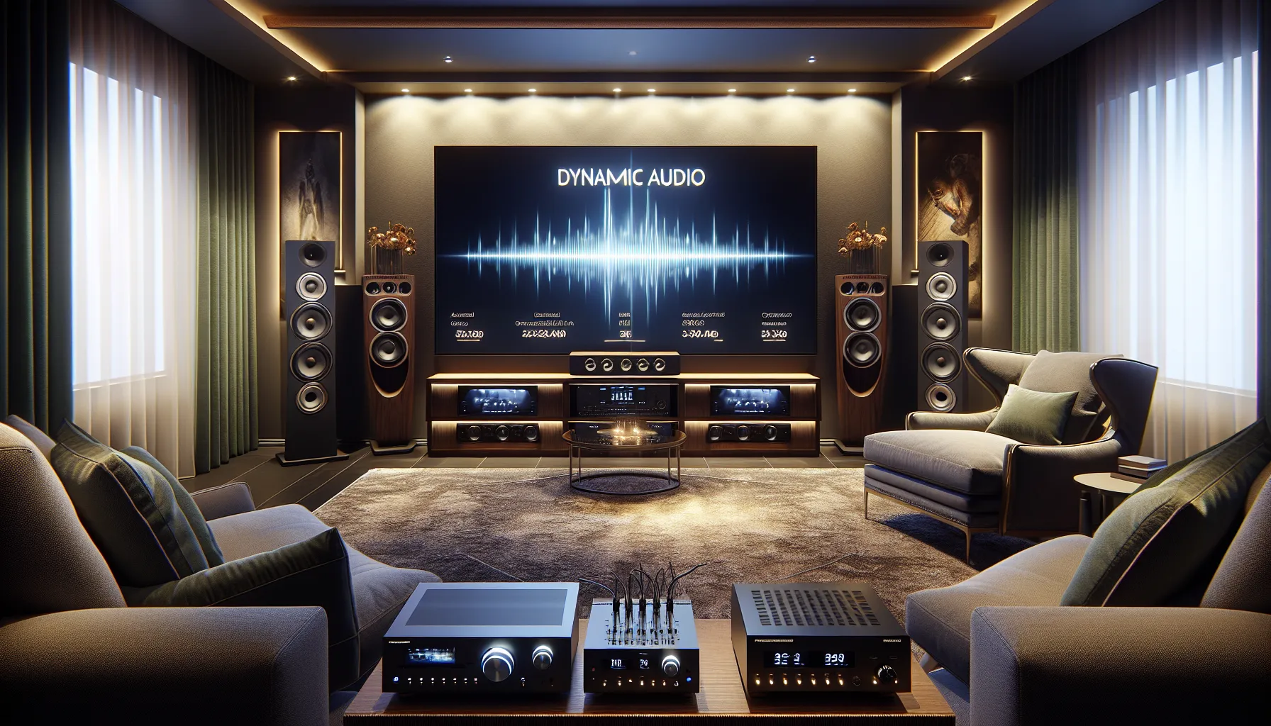 a modern home theater with Dolby Atmos display and surround sound speakers.