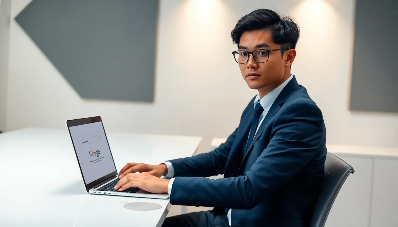Professional managing their online presence on a laptop.