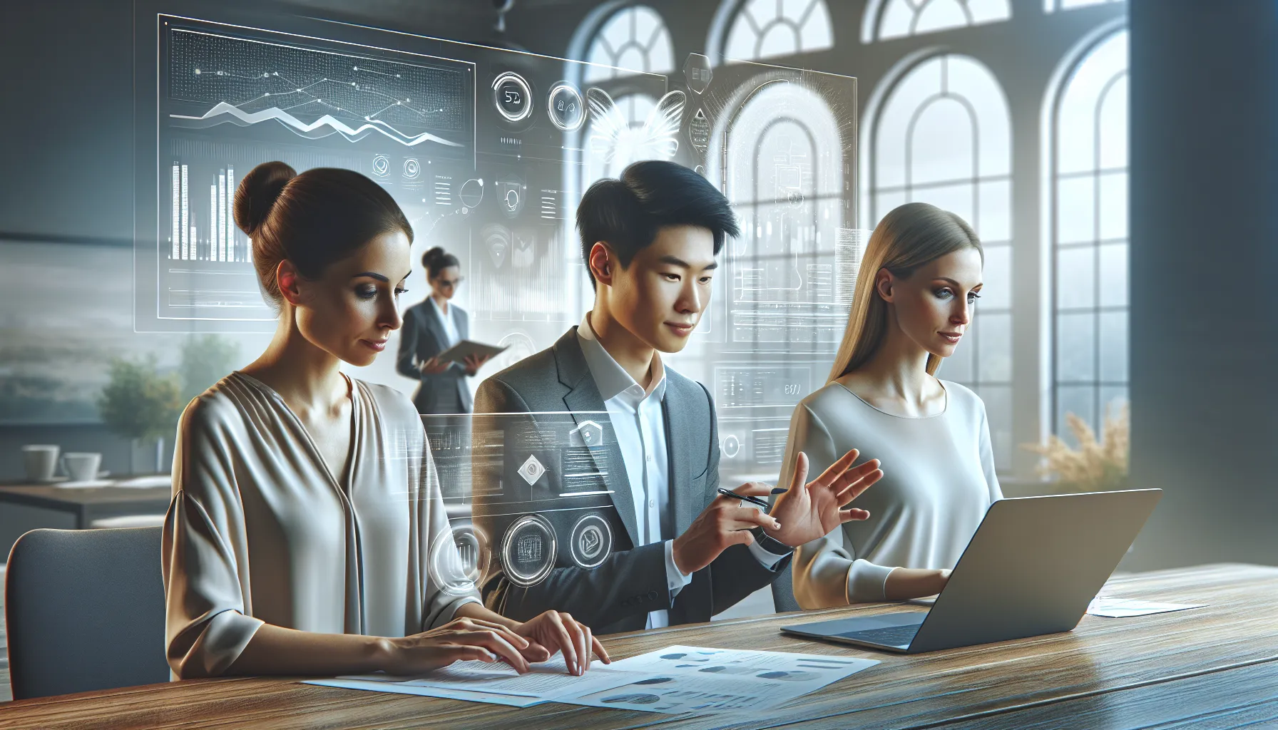 diverse professionals collaborating in a modern digital workspace.