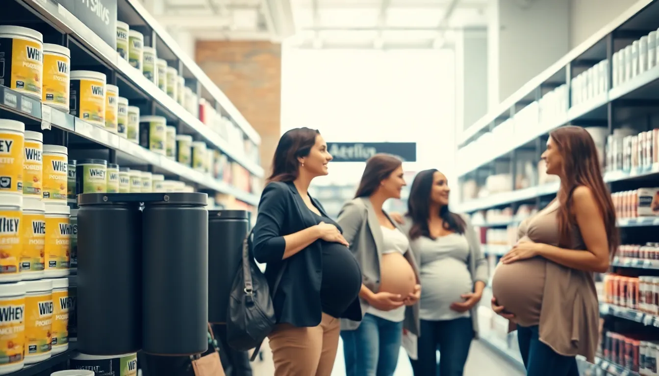 pregnant women selecting whey protein in a modern nutrition store.