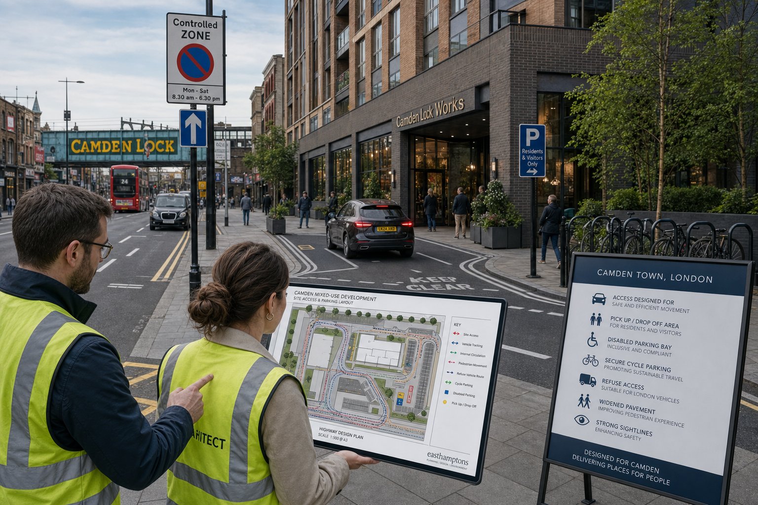 Traffic engineer reviewing parking and access design on a Camden Town street.