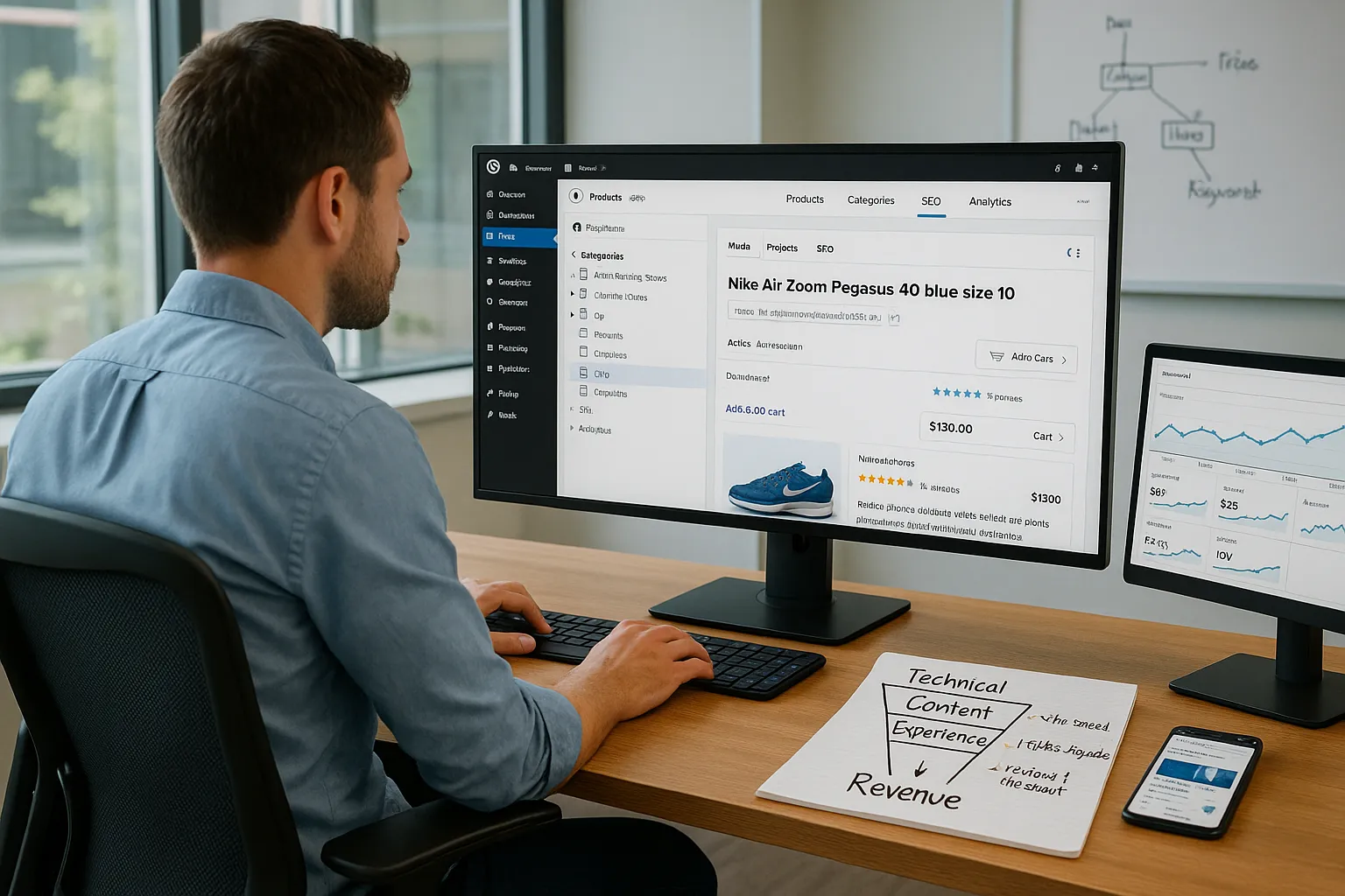 Marketer optimizing a WooCommerce store’s SEO on dual monitors in a modern office.