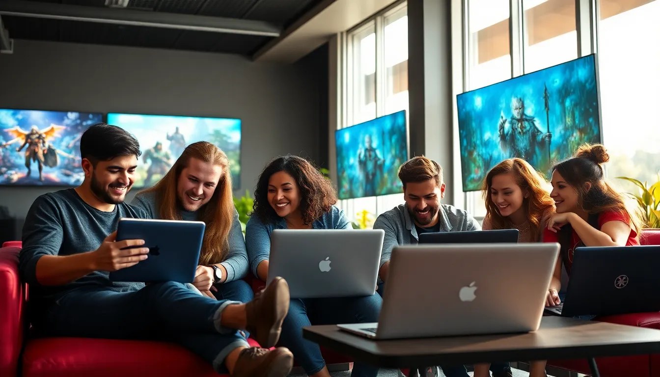 diverse group of gamers exploring a fantasy game website.